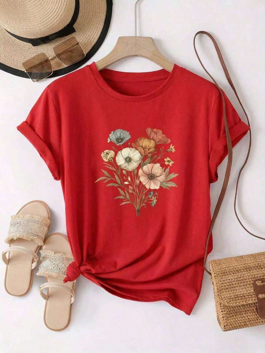 Limited EditionMujer estilo boho estampado de ramo floral holgado cuello redondo manga corta verano uso playa camisetaLightweight Cotton - Rojo - Ver 1