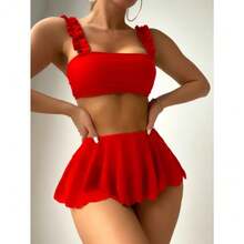 Solid Color Three-Piece Split Swimsuit Bikini - Red - View 5
