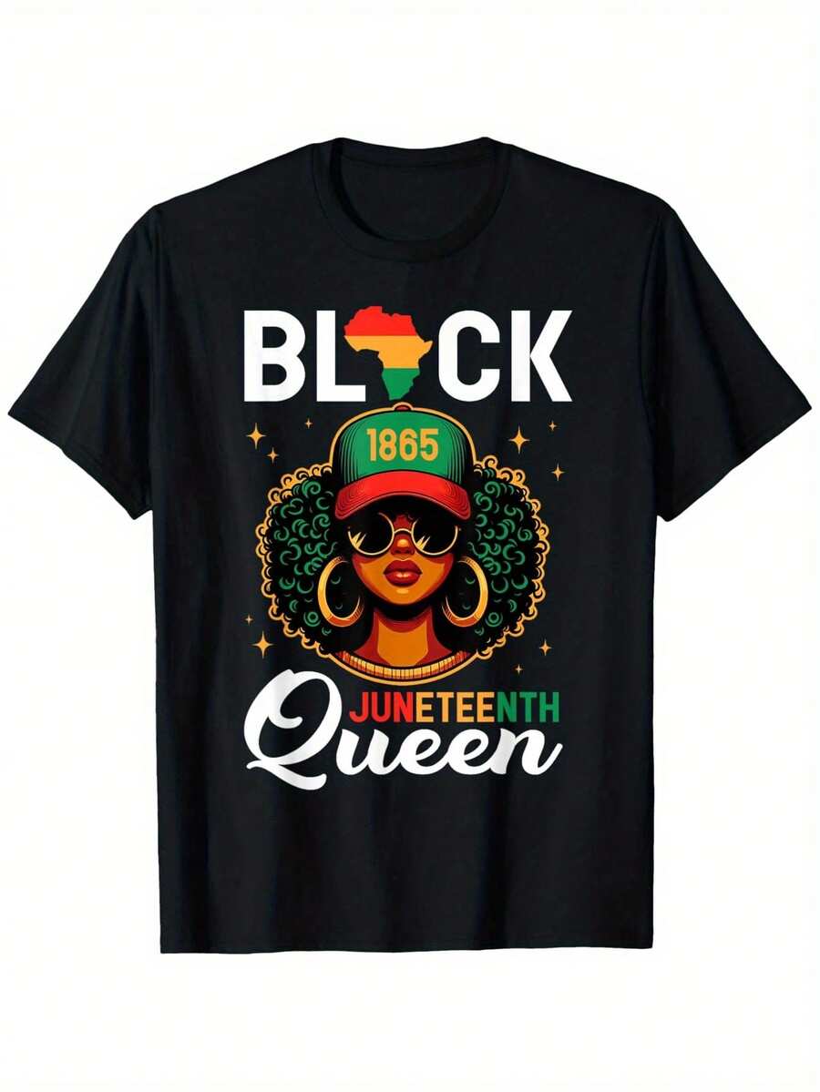 Camiseta de Algodón 'Juneteenth Queen' - Camiseta de la Libertad Afroamericana, Diseño Colorido de Reina, Mangas Cortas, Cuello Redondo, Apta para Mujeres y Hombres - Negro - Ver 1