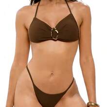 Nuevo bikini sexy, traje de baño de dos piezas en color sólido y multicolor para mujer. - Negro - Ver 4