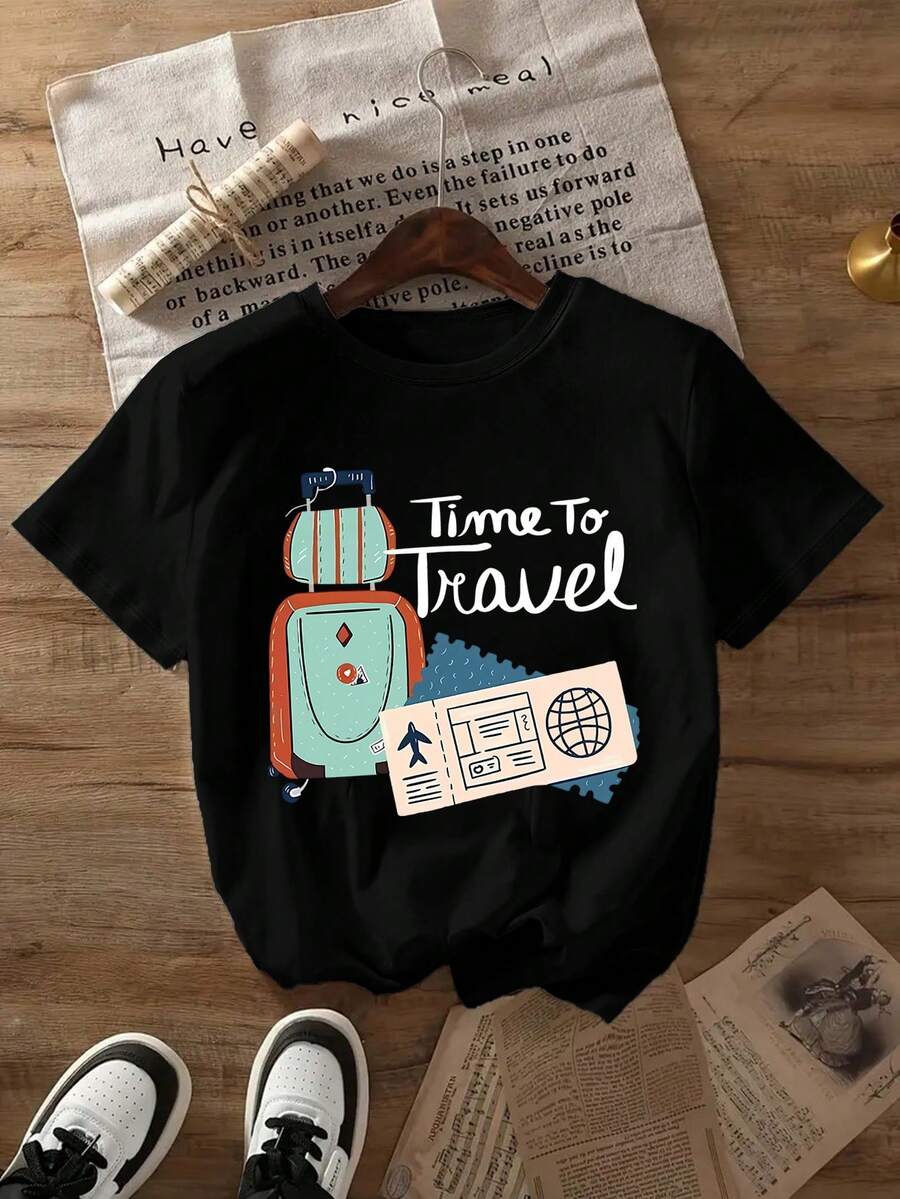 1 pieza [Orientación a la Naturaleza] Camiseta con estampado de letras 'TIME TO TRAVEL', nueva camiseta de cuello redondo para primavera/verano, ropa de mujer, 180g, 100% algodón. - Negro - Ver 1