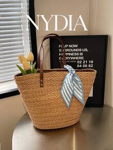 1pc High-Quality Woven Texture Straw Bucket Tote Bag, Suitable For Daily Use, Dates, Shopping, Fashionable Vacation Style - Khaki - View 2