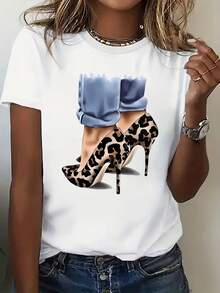 Camisetas Elegantes Vintage para Mujer, Camisetas Casuales de Manga Corta para Mujer, Estampado de Leopardo, Tacones Altos, Gráficos, Cómodas, a la Moda, Fáciles, Elegantes, Camiseta de Algodón, Ropa Casual - Blanco - Ver 1
