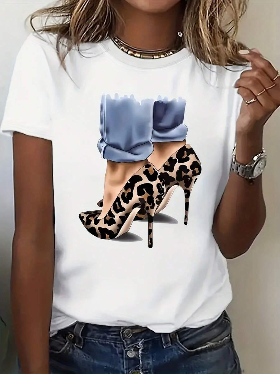 Camisetas Elegantes Vintage para Mujer, Camisetas Casuales de Manga Corta para Mujer, Estampado de Leopardo, Tacones Altos, Gráficos, Cómodas, a la Moda, Fáciles, Elegantes, Camiseta de Algodón, Ropa Casual - Blanco - Ver 1