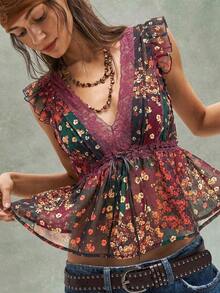 Blusa de verano casual de mujer con cuello en V, mangas cortas y encaje, con estampado floral ditsy para festivales de música, vacaciones y fiestas - Negro - Ver 12