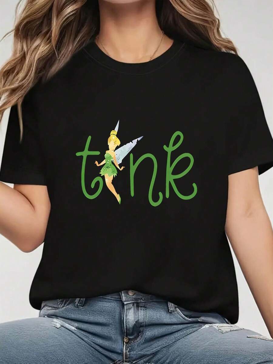1 camiseta de mujer con estampado mecánico |   Camiseta negra casual de cuello redondo, diseño de dibujos animados en verde y blanco, mangas cortas, top de moda primavera/verano, ropa casual con diseño divertido y ajuste cómodo, camiseta para mujer, vestido de trabajo, a la moda, 180g 100% algodón. - Negro - Ver 1