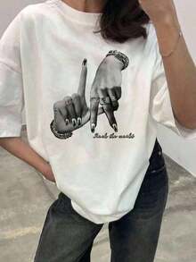 Women's Loose-Fitting Short-Sleeved T-Shirt, Casual, Minimalist, Retro, Punk, Y2K Style, Versatile, Ideal For Parties And The Airport, With A Black And White Lettering And Ring Print, Comfortable For Summer Outfits. Stylish Women's Blouse, Pretty T-Shirts For Women. - 風格 - 查看 8