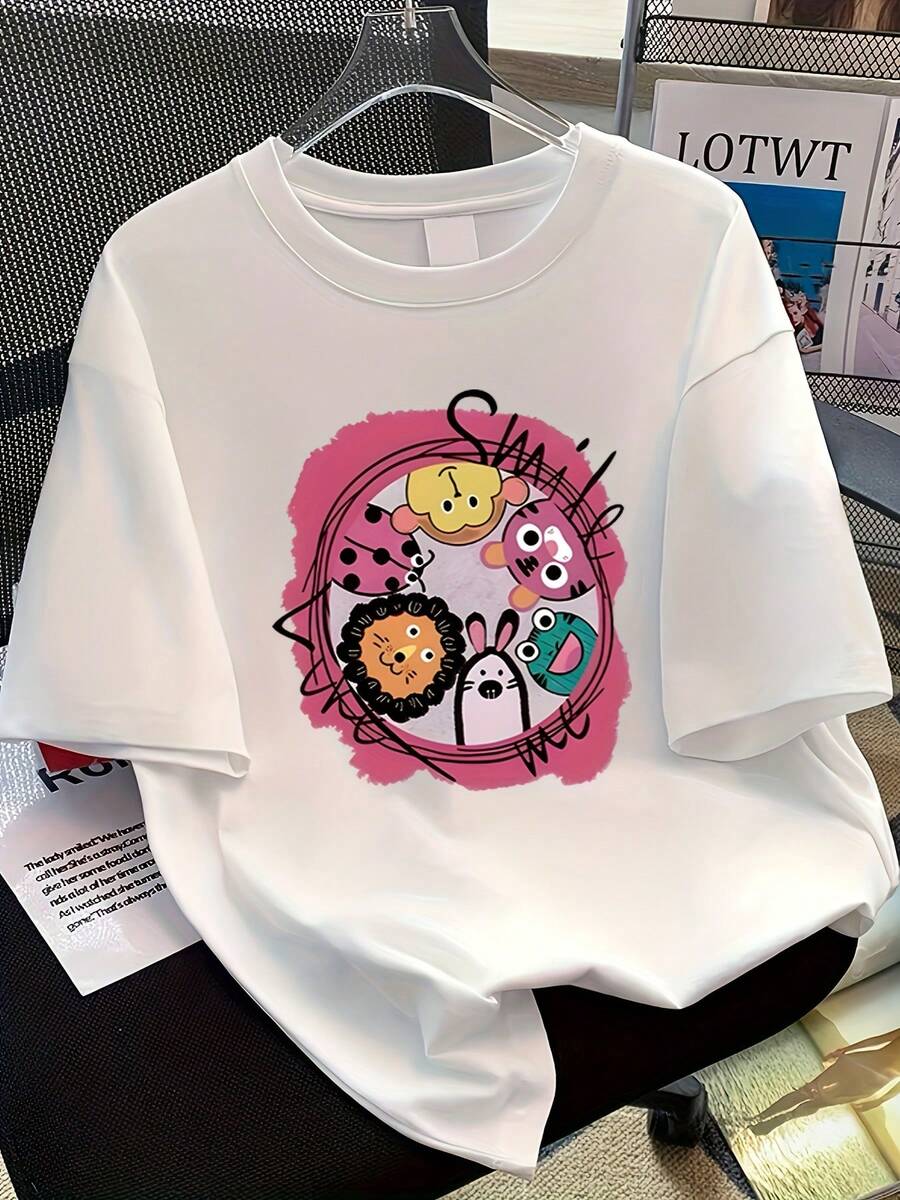 Camiseta de Algodón Puro para Mujer con Diseño Simple y Versátil, Estampado de Dibujos Animados Americanos, Nueva Moda de Verano, Diseño Holgado y Versátil, Manga Corta. - Blanco - Ver 1