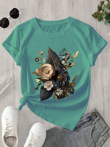Women's Custom Printed Short Sleeve T-Shirt - Green And Gold Design, Round Neck, Casual Style, Breathable For Spring And Summer, Machine Washable, Regular Fit, Soft Texture - Unisex Loose Fit Cotton Short Sleeve Round Neck T-Shirt, Urban Vintage Style. - 綠色 - 查看 2
