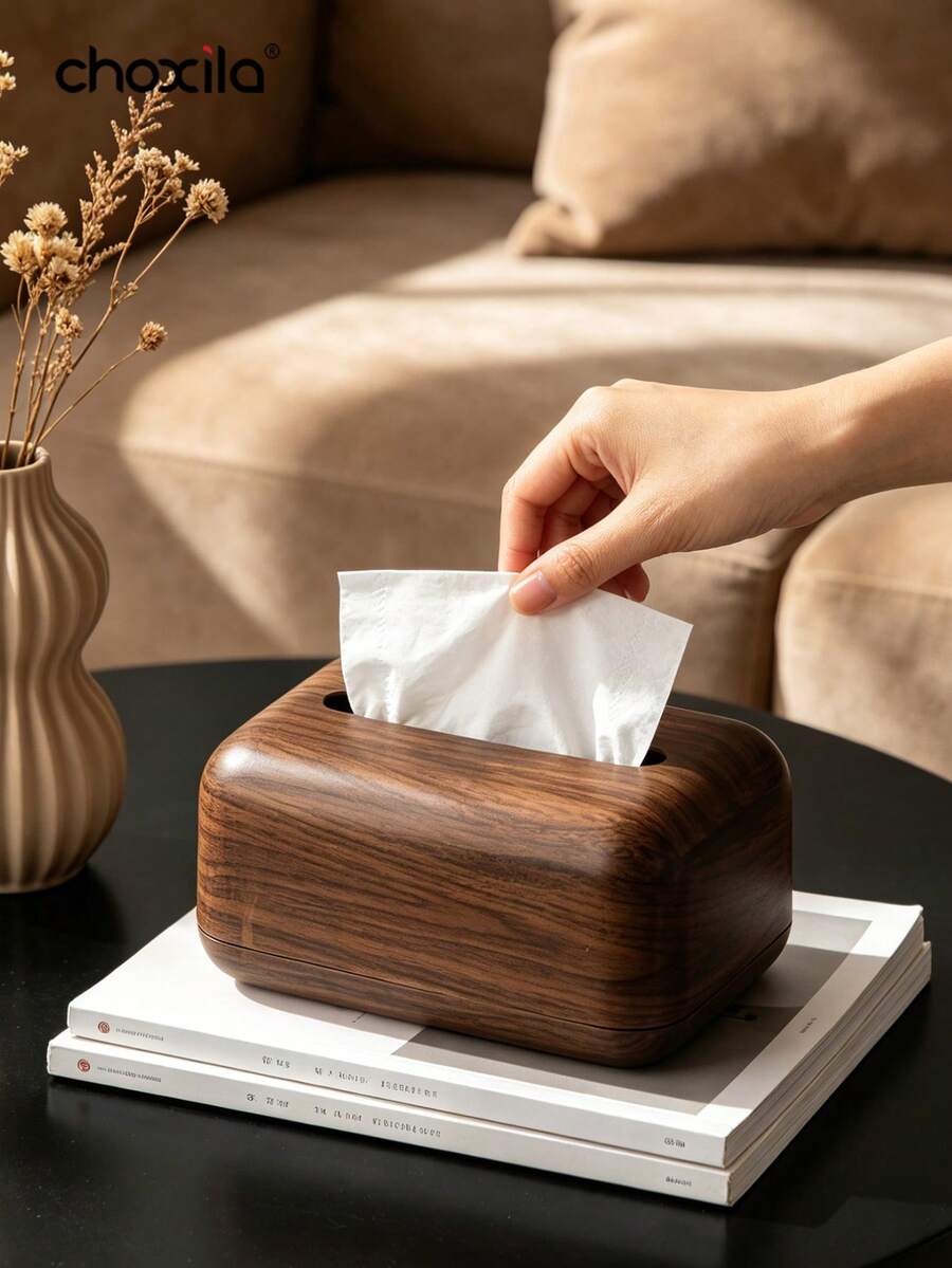 choxila 1pc New Chinese Style Wood Grain Tissue Box, High-End Luxury Feeling Tissue Holder Suitable For Living Room, Home Desktop Tissue Storage Box, Applicable To Living Room, Bedroom, Kitchen, Dining Room - Brown - View 1
