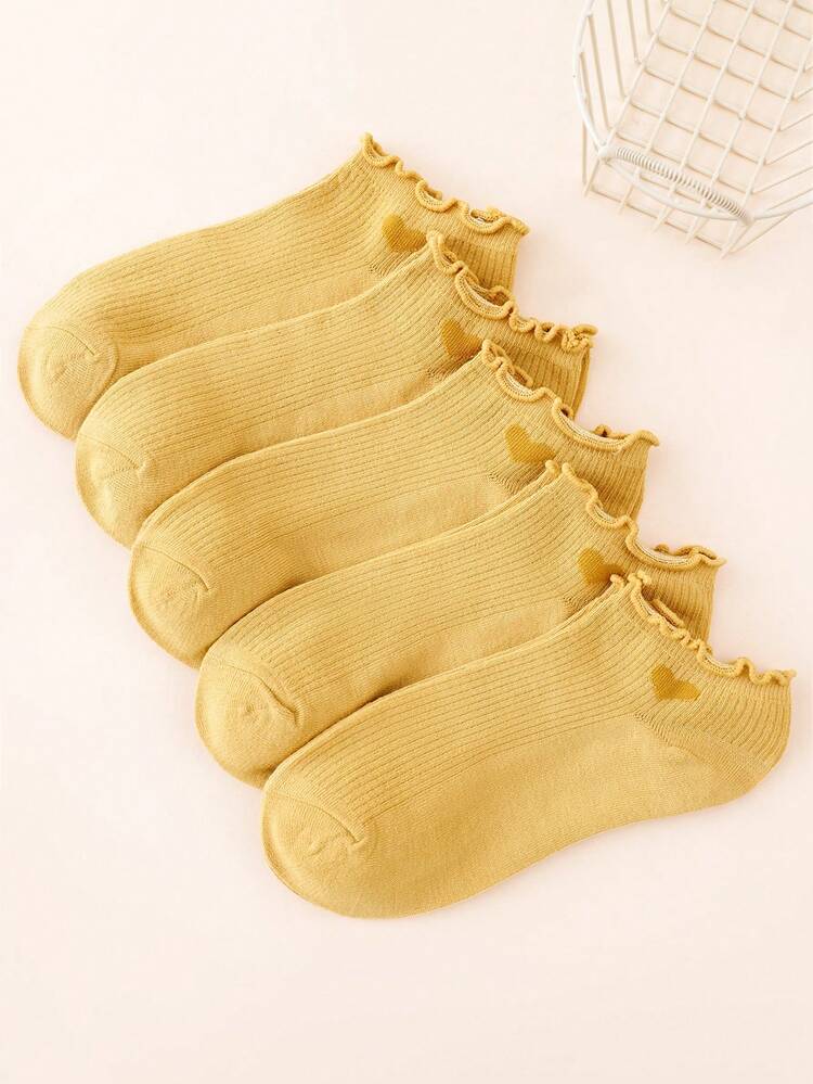 5 Pairs Women's Sweet Heart Shaped Frill Trim Minimalist Fashion Short Socks, Yellow - Yellow - View 1