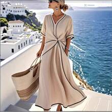 Vestido de mujer color albaricoque con detalles en contraste negro, escote en V, corte en la cintura con volantes, bolsillos laterales, tejido ligero ideal para verano, estilo casual elegante perfecto para vacaciones, playa y viajes, moda resort - Albaricoque - Ver 5