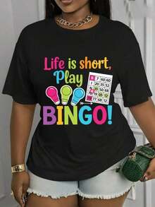 La vida es corta, ¡así que por qué no jugar al bingo! Camisetas casuales estampadas para primavera y verano, lavables a máquina, camisetas básicas elegantes, una excelente opción para vacaciones y festivales, modernas y versátiles, tela cómoda, ropa de temporada, camisetas duraderas. 2026tops Para Mujer - Camiseta de Manga Corta con Cuello Redondo, Estilo Vintage Urbano, Unisex, 100% Algodón - Negro - Ver 1