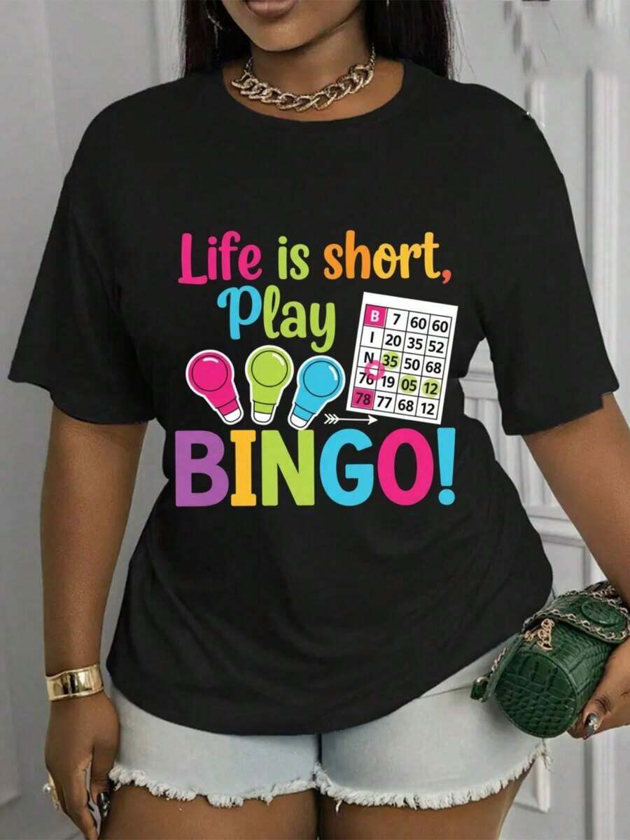 La vida es corta, ¡así que por qué no jugar al bingo! Camisetas casuales estampadas para primavera y verano, lavables a máquina, camisetas básicas elegantes, una excelente opción para vacaciones y festivales, modernas y versátiles, tela cómoda, ropa de temporada, camisetas duraderas. 2026tops Para Mujer - Camiseta de Manga Corta con Cuello Redondo, Estilo Vintage Urbano, Unisex, 100% Algodón - Negro - Ver 1