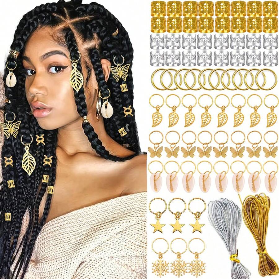 82/110/120pcs Hair Jewelry For Braids, Loc Jewelry For Hair Dreadlock, Charm Accessories For Women, Metal Gold Braids Rings Cuffs Clips For Dreadlock Accessories Clips Rings Extensions Decorations - View 1