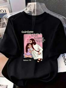 Camiseta de mujer de 1 pieza con estampado de Jesús abrazando, camiseta de manga corta para primavera/verano, el regalo perfecto para las fiestas, top casual cómodo y versátil con elementos de feCamiseta Algodón - Negro - Ver 1