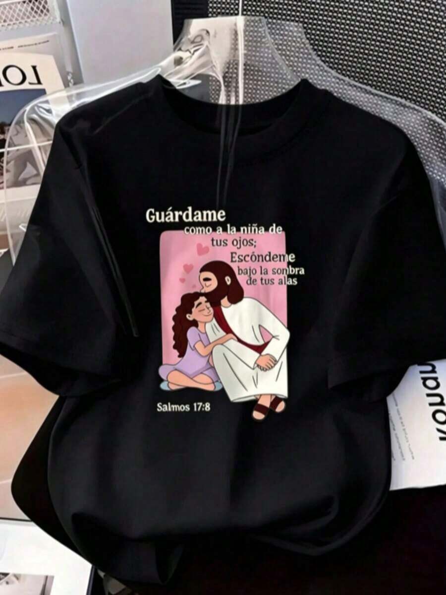Camiseta de mujer de 1 pieza con estampado de Jesús abrazando, camiseta de manga corta para primavera/verano, el regalo perfecto para las fiestas, top casual cómodo y versátil con elementos de feCamiseta Algodón - Negro - Ver 1
