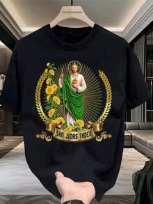 Playera camiseta gráfica dama mujer manga corta cuello redondo básica cómoda fresca ligera moderna juvenil casual estampado sn judas san juditas tadeo girasoles flores flor floral  letras - Negro - Ver 3
