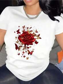 Women's Basic Graphic Print T-Shirt, Short Sleeve, Crew Neck, Pink Roses, Flower, Floral, 3D, Leaves, Nature, Butterfly, Y2K Aesthetic, Regular Fit, Casual, Comfortable, Cool, Lightweight, Soft, Modern, Youthful, Romantic, Bohemian, For Home, Everyday, Day, Beach, Spring, Summer, Rocker-Vintage Street Style, Unisex Cotton Short Sleeve Crew Neck T-Shirt - 白色的 - 查看 3