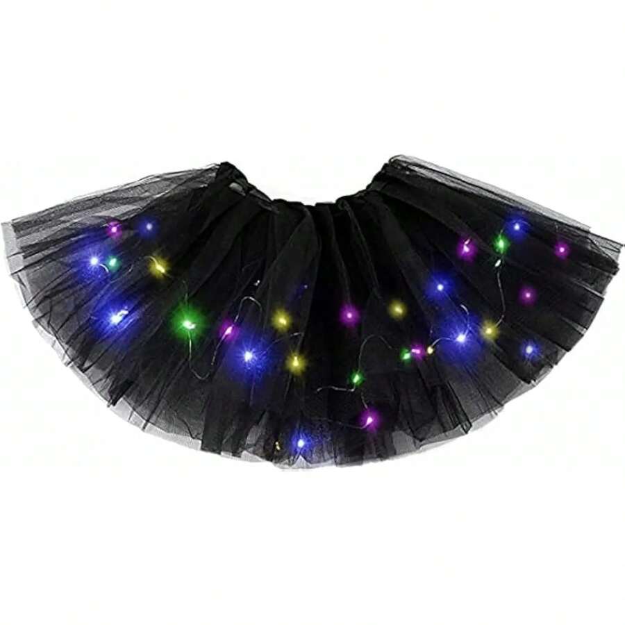 Falda Tutú de Princesa con Luces LED para Niñas, Disfraz de Fiesta de Boda, Minifalda de Baile, Ropa con Luces LED - Negro - Ver 1