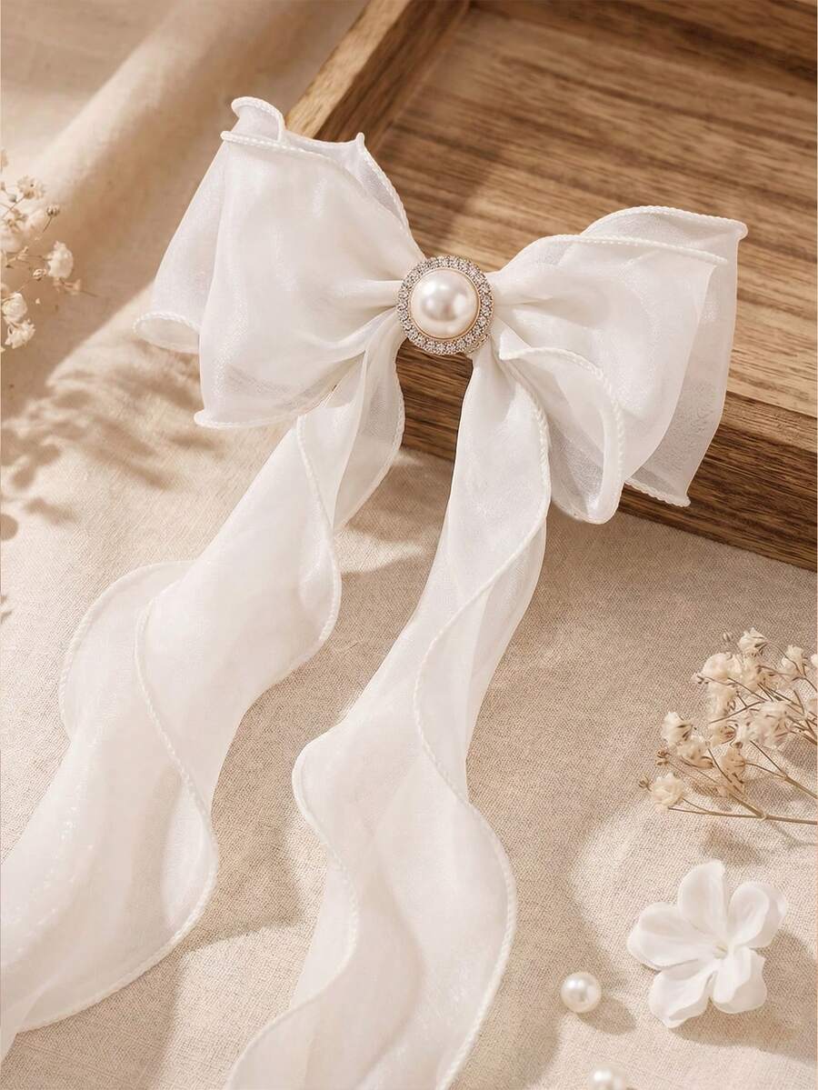 Kẹp tóc nơ lớn màu trắng bằng voan, kẹp tóc nơ đính ngọc trai và đá quý sang trọng với đuôi dài, phụ kiện tóc ruy băng kiểu Pháp phù hợp cho đám cưới, tiệc tùng, sử dụng hàng ngày, trang trí tóc mùa hè. - Màu trắng (phiên bản ngọc trai) - Xem 1