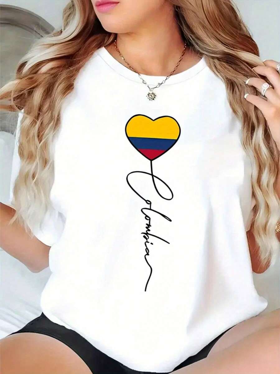 Camiseta con Estampado de Letras, Cuello Redondo, Manga Corta, Estilo Casual, Primavera y Verano, Moda Casual, Camiseta para Mujer - Blanco - Ver 1