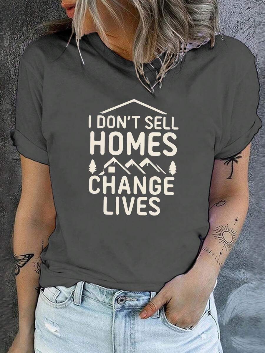 Camiseta de manga corta y cuello redondo para mujeres, perfecta para verano y primavera. - Gris Oscuro - Ver 1