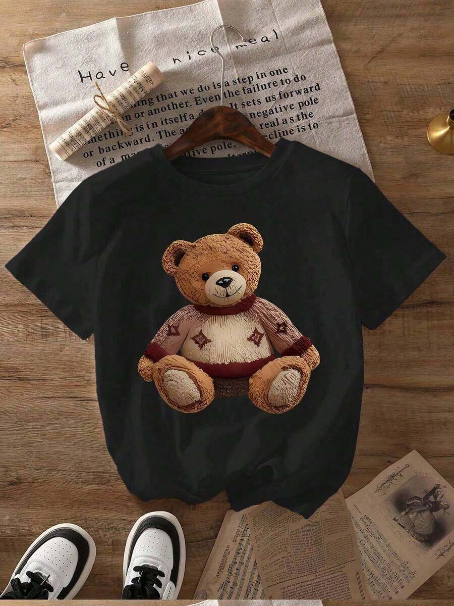 Camiseta de manga corta con cuello redondo y estampado de oso de peluche, top de verano para mujer, transpirable y cómoda. - Negro - Ver 1