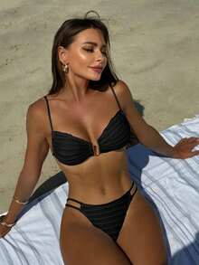 Sexy Two-Piece Bikini With Open Back, Adjustable Drawstrings And Textured Fabric - Black - View 12