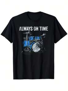 Men's 180gsm Thick Cotton T-Shirt - Drum Graphic T-Shirt With 'Always On Time' Text - Black T-Shirt For Music Lovers, Drummers, And Band Members - Casual And Performance Wear For Everyday Use (Sizes S-XXXL) - Ideal Gift For Drummers - 黑色 - 查看 1