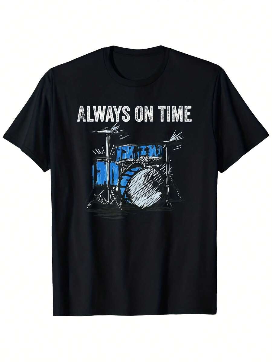 Men's 180gsm Thick Cotton T-Shirt - Drum Graphic T-Shirt With 'Always On Time' Text - Black T-Shirt For Music Lovers, Drummers, And Band Members - Casual And Performance Wear For Everyday Use (Sizes S-XXXL) - Ideal Gift For Drummers - 黑色 - 查看 1