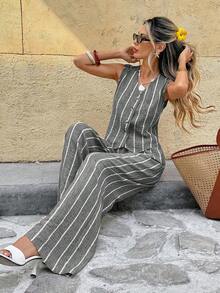 Frenchy Conjunto de 2 piezas de top sin mangas con botones a rayas y pantalones casuales para mujer - Gris - Ver 8