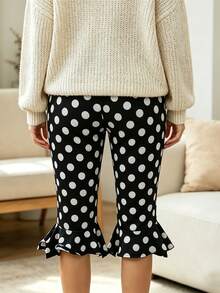 Womens Summer Knee Length Leggings Slim Fit Stylish Dot Print Ruffled Trim Mid Rise Capri Pants - Black - View 4