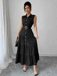 Women's Single-Breasted Sleeveless Shirt Dress With Ruffled Hem In Solid Color - Black - View 8