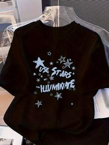2025 Nueva Blusa Casual de Manga Corta para Mujer con Estampado de Estrella de Cinco Puntas, Moderna y Versátil para Verano - Negro - Ver 1