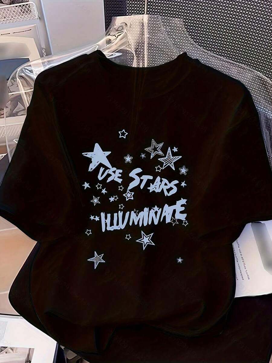 2025 Nueva Blusa Casual de Manga Corta para Mujer con Estampado de Estrella de Cinco Puntas, Moderna y Versátil para Verano - Negro - Ver 1