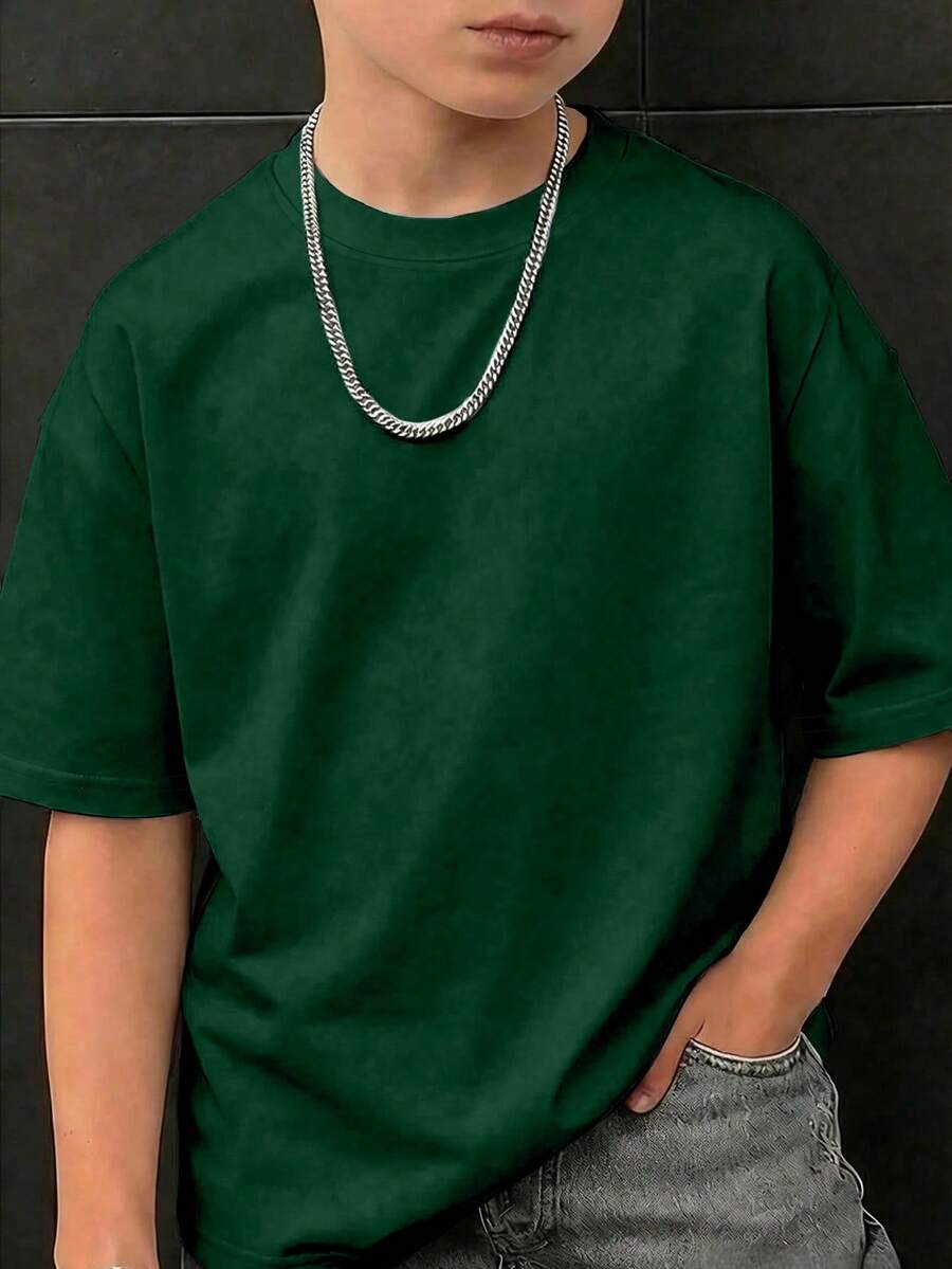 Tween Boy 酷炫纯色短袖圆领 T 恤,夏季 - 墨綠色 - 查看 1