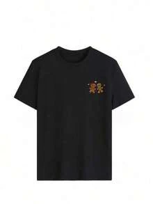 Camiseta de cuello redondo y mangas cortas de ropa fashion, fabricada en México, para la temporada primavera-verano 2025. Con estampado de dibujos animados, es un modelo de pareja, apta para usar tanto por dentro como por fuera, ideal para oficina y estilo casual, diseñada para hombres y mujeres, en unidad individual. - Negro - Ver 2