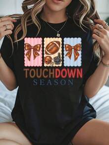 Camiseta Gráfica para Amantes del Fútbol Americano Temporada 2026Touchdown para Mujer, Ropa Casual de Otoño e Invierno, Camiseta para Fanáticos del Deporte con Diseño de Lazo y Casco, Camiseta Genial para Mujer - Negro - Ver 7