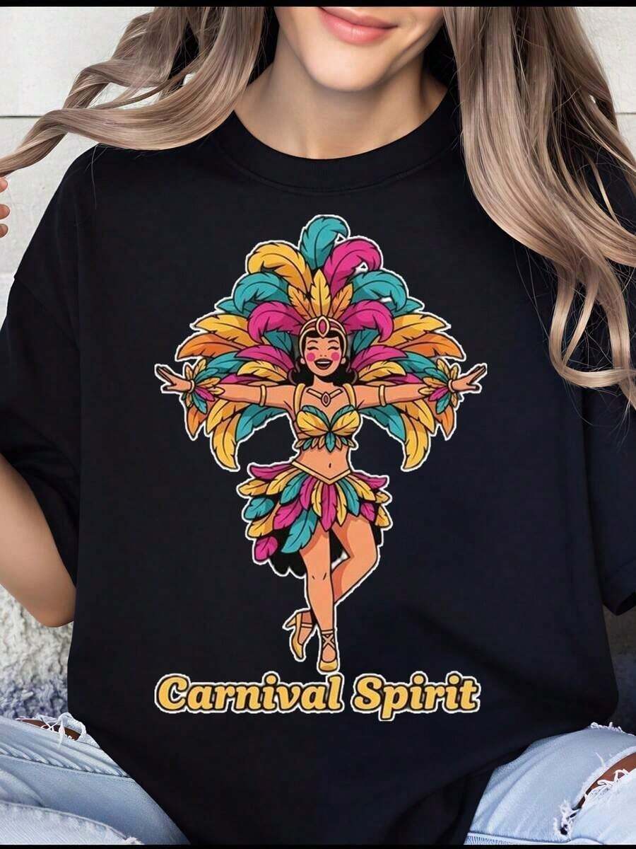 Camiseta Gráfica de Mujer con Plumas Coloridas para Disfraz de Baile de Carnaval 2026, Ropa de Fiesta para Mujer, Atuendo de Verano, Ropa para Celebración del Carnaval de Brasil, Camiseta Genial para Mujer - Negro - Ver 1