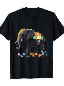 Soft 100%cottonT-shirtWomen'S Casual Short Sleeve T-Shirt | African-Inspired Elephant & Floral Art Print, 100% 180gsm, Black Regular Fit Round Neck Tee, Machine Washable, All-season Apparel, Crew Neck, Slight Stretch FabricBreathable Cotton Tee, All Matchcool - Negro - Ver 1