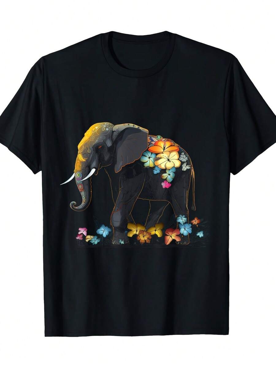Soft 100%cottonT-shirtWomen'S Casual Short Sleeve T-Shirt | African-Inspired Elephant & Floral Art Print, 100% 180gsm, Black Regular Fit Round Neck Tee, Machine Washable, All-season Apparel, Crew Neck, Slight Stretch FabricBreathable Cotton Tee, All Matchcool - Negro - Ver 1