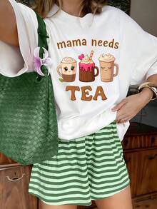 Kawaii Mama Needs Tea Graphic T-Shirt, 100% Cotton Oversized Soft Breathable Casual Crewneck Short Sleeve Top, Cute Coffee Lover Tee For Women And Mom Life Enthusiasts - Blanco - Ver 6