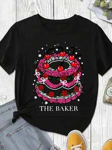 Elegante y casual para mujer, manga corta, camiseta casual para mujer con estampado de pastel de cumpleaños con cerezas y rosas, ropa de verano blanca para fiestas y uso diario. - Negro - Ver 3