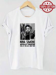 Camiseta 100% con imagen y texto de Nina Simone en tonos blanco y , con cuello redondo y mangas cortas. Cómoda y transpirable para uso diario en verano. Ropa de verano para mujer - Blanco - Ver 1