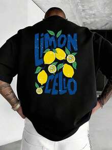 GiftLimoncello Lemon Print T-Shirt, American Summer Style, Pure Cotton Breathable Short Sleeve T-Shirt, Double-Sided Hand-Drawn Limoncello Lemon Print T-Shirt, Summer Style For Fresh Food Enthusiasts, Men's 100% Breathable Cotton Crew Neck Short Sleeve T-Shirt, Essential For Lemon Wine Enthusiasts In Summer, American Casual Style, Beach Vacation, Soft Party Wear. - 黑色 - 查看 4