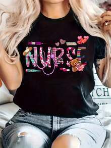 Camiseta casual estampada de talla grande para mujer, cuello redondo, manga corta, tela ligeramente elástica, estilo regular, top cómodo para todas las estaciones, camisas de algodón para mujer y blusas negras para damas. - Negro - Ver 7