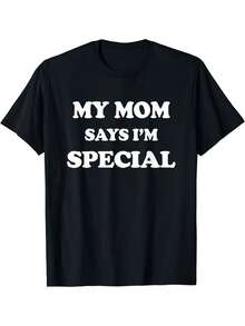 Camiseta deportiva de manga corta de verano para hombres con estampado de cuello redondo "Mi mamá dice que soy especial", cómoda y versátil - Negro - Ver 1