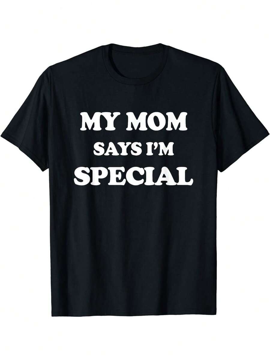 Camiseta deportiva de manga corta de verano para hombres con estampado de cuello redondo "Mi mamá dice que soy especial", cómoda y versátil - Negro - Ver 1