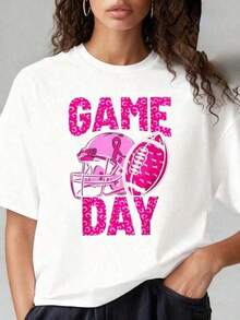 Camiseta de mujer con cuello redondo y mangas cortas, estampado divertido de casco y balón de fútbol rosa con leopardo para el Día del Jugador, camiseta de concientización sobre el cáncer de mama, adecuada para el Día de San Valentín, Navidad, fiestas, actividades deportivas, vacaciones, salidas, deportes y otros regalos festivos (220g). Nuevas llegadas para el verano - Negro - Ver 1